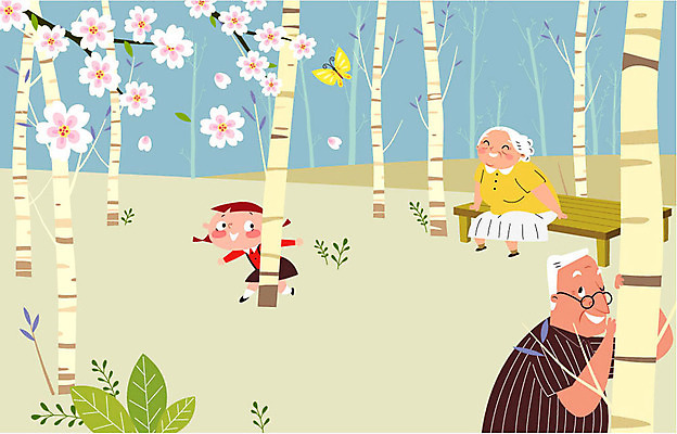 전신 나무 식물 공원 여자 할아버지 노년 남자 꽃 할머니 어린이 나비 의자 일러스트 놀이 손녀 상반신 야외 세명 실버라이프 노부부 즐거움 숨바꼭질 국내일러스트 AI파일 라이프스타일 부부 공공시설 감정 가구 곤충 사람 성인 손주 파일형식 벡터