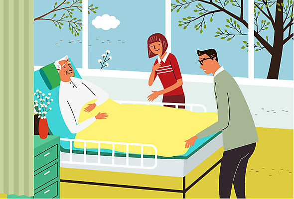 구름 여자 할아버지 노년 남자 꽃 일러스트 창문 병원 상반신 성인 세명 실버라이프 꽃병 환자 침대 커튼 서랍장 병실 병문안 국내일러스트 AI파일 자연요소 식물 라이프스타일 가구 의학 사람 파일형식 벡터