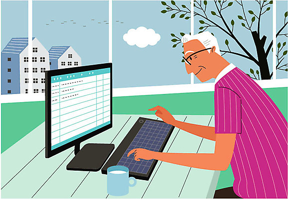 나무 구름 할아버지 노년 남자 일러스트 창문 주택 한명 상반신 컵 실버라이프 컴퓨터 키보드 책상 국내일러스트 AI파일 자연요소 식물 1 라이프스타일 식기 가구 사람 성인 건물 전자제품 파일형식 벡터