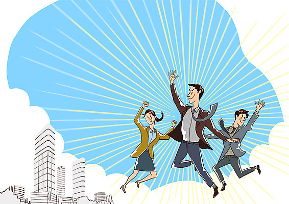 전신 PSD 여자 남자 일러스트 회사 성인 건물 세명 점프 사회 신입사원 열정 패기 국내일러스트 건축물 감정 컨셉 비즈니스 모션 사람 자신감 공동체 파일형식
