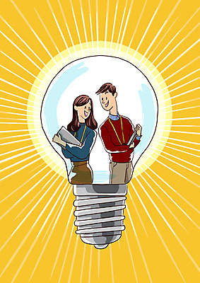 PSD 여자 남자 일러스트 전구 아이디어 웃음 상반신 성인 두명 빛 신입사원 열정 국내일러스트 감정 컨셉 비즈니스 표정 사람 파일형식