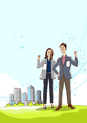 전신 PSD 여자 남자 일러스트 회사 웃음 초원 성인 두명 파이팅 구직 자신감 결심 신입사원 면접 열정 빌딩숲 국내일러스트 감정 컨셉 비즈니스 모션 표정 사람 빌딩 파일형식