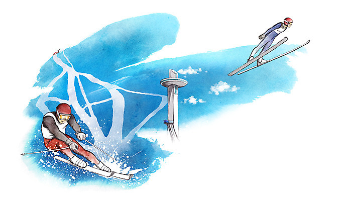 전신 PSD 남자 겨울 일러스트 캘리그라피 스키 동계올림픽 경기 성인 두명 타이틀 국가대표 스키점프 알파인스키 평창 평창동계올림픽 국내일러스트 계절 스포츠 올림픽 겨울스포츠 운동선수 사람 강원도 파일형식