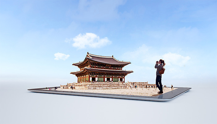 전신 PSD 편집이미지 여자 한명 성인 뒷모습 그래픽 태블릿 3D 여행객 한국인 디지털합성 합성 국내여행 선양고궁 가상현실 VR기기 편집3D 1 뷰포인트 여행 사람 동양인 전자제품 스마트기기 기계 파일형식