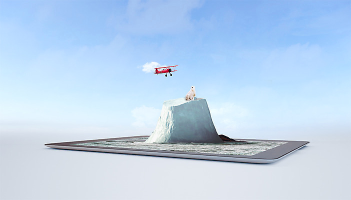 PSD 편집이미지 한마리 바다 비행기 사람없음 그래픽 태블릿 3D 얼음 디지털합성 북극곰 빙하 합성 해빙 가상현실 VR기기 편집3D 자연요소 1 곰 항공교통 대중교통 전자제품 스마트기기 기계 파일형식