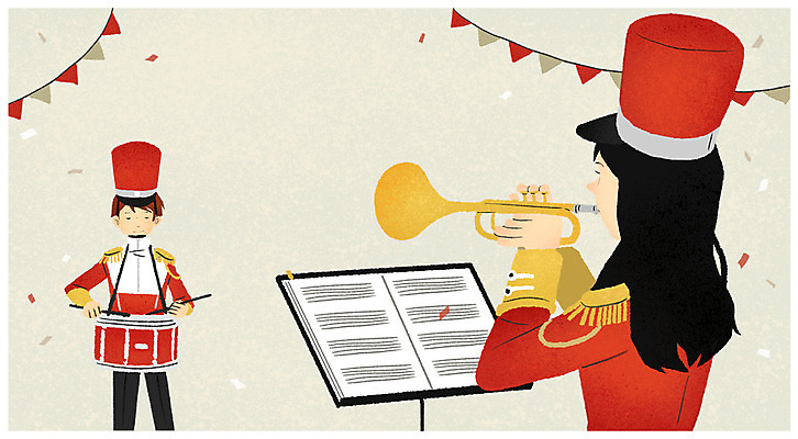 PSD 여자 남자 일러스트 청소년 상반신 두명 10대 악단 트럼펫 감성 작은북 합주 가랜드 국내일러스트 음악 컨셉 연주 사람 금관악기 북 파티용품 파일형식