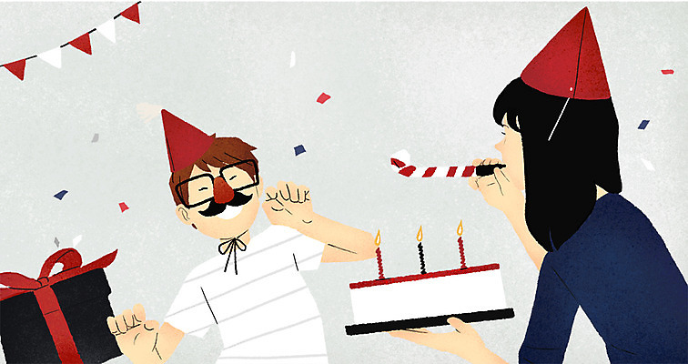 PSD 여자 남자 일러스트 청소년 선물 상반신 두명 10대 케이크 고깔모자 생일파티 즐거움 감성 가랜드 코끼리피리 국내일러스트 모자_잡화 감정 컨셉 디저트 사람 생일 이벤트용품 파티용품 파일형식