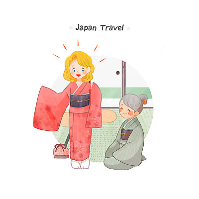 전신 PSD 서양인 백인 전통 여자 노년 할머니 여행 일러스트 성인 두명 일본 기모노 일본인 다다미방 여자만 국내일러스트 외국인 아시아 사람 동양인 일본전통의상 파일형식