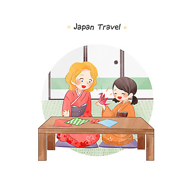 PSD 외국인 백인 전통 여자 어린이 여행 일러스트 방석 앉기 상반신 성인 두명 일본 기모노 일본인 책상 종이접기 종이학 다다미방 여자만 국내일러스트 서양인 아시아 종이 가구 모션 사람 동양인 인종 일본전통의상 접기 파일형식