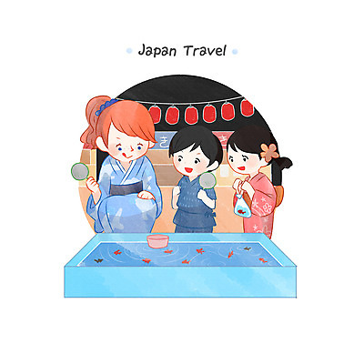 PSD 여자 남자 어린이 여행 일러스트 놀이 조명 상반신 성인 세명 일본 축제 잡기 일본인 즐거움 금붕어 유카타 국내일러스트 외국인 감정 아시아 모션 어류 사람 동양인 일본전통의상 파일형식