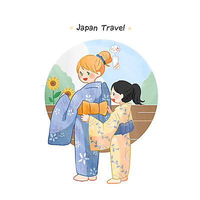 전신 PSD 서양인 백인 여자 어린이 여행 일러스트 해바라기 성인 두명 일본 일본인 유카타 여자만 국내일러스트 외국인 꽃 아시아 사람 동양인 일본전통의상 파일형식