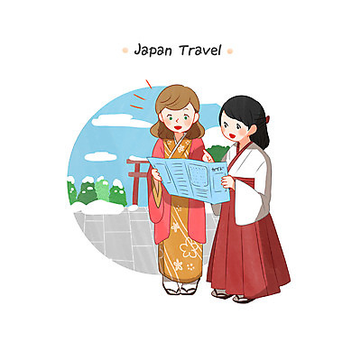 전신 PSD 외국인 백인 여자 여행 지도 일러스트 성인 두명 일본 일본인 무녀 신사_일본건축 여자만 국내일러스트 서양인 아시아 사람 동양인 인종 일본건축 파일형식