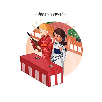 PSD 외국인 백인 여자 여행 흑인 일러스트 상반신 성인 두명 일본 축제 총 즐거움 사격 유카타 여자만 국내일러스트 서양인 감정 아시아 무기 사람 인종 일본전통의상 파일형식