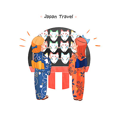전신 PSD 서양인 외국인 백인 여자 여행 일러스트 가면 서기 성인 두명 일본 고양이 구경 유카타 국내일러스트 아시아 포유류 모션 사람 인종 반려동물 일본전통의상 파일형식
