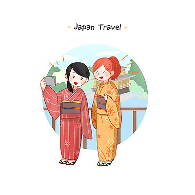 전신 PSD 서양인 백인 여자 여행 일러스트 성인 두명 일본 기모노 셀프카메라 일본인 즐거움 킨카쿠지 국내일러스트 외국인 감정 아시아 사람 동양인 사진촬영 사찰 일본전통의상 교토 파일형식