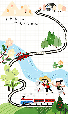 전신 PSD 나무 여자 꽃 여행 일러스트 산 초원 성인 두명 친구 강 봄 기찻길 기차 다리 즐거움 기차역 기차여행 철도의날 국내일러스트 식물 계절 감정 육상교통 관계 대중교통 사람 신체부위 역 파일형식 법정기념일