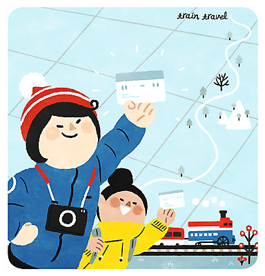 PSD 나무 여자 남자 여행 겨울 일러스트 산 상반신 성인 두명 친구 카메라 기찻길 기차 티켓 기차여행 철도의날 국내일러스트 식물 계절 육상교통 관계 대중교통 사람 전자제품 파일형식 법정기념일