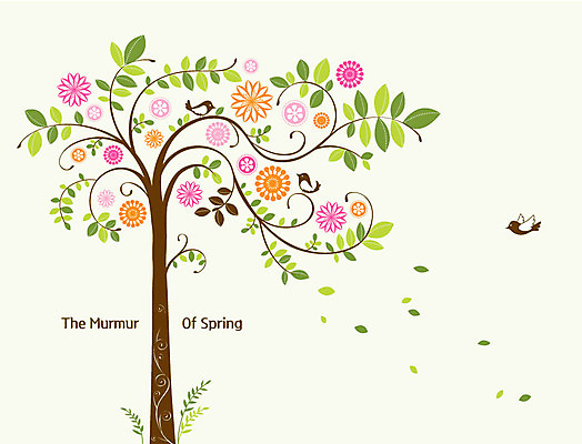 나무 꽃 일러스트 자연 조류 나뭇잎 세마리 사람없음 컬러풀 봄 국내일러스트 AI파일 식물 동물 계절 컬러 잎 3 생태계 파일형식 벡터