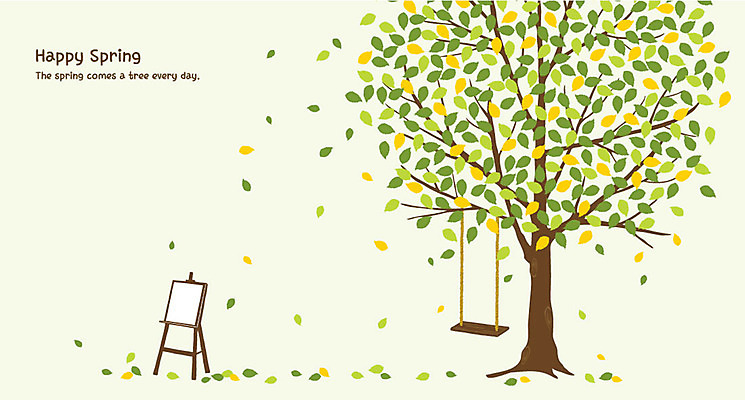 나무 행복 일러스트 나뭇잎 사람없음 봄 이젤 그네 그림 국내일러스트 AI파일 식물 계절 감정 잎 미술도구 파일형식 벡터