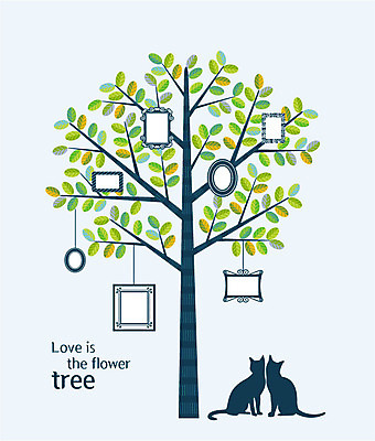 나무 액자 두마리 일러스트 나뭇잎 사랑 사람없음 고양이 추억 국내일러스트 AI파일 식물 감정 컨셉 잎 2 포유류 반려동물 파일형식 벡터