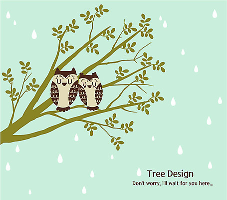 나무 두마리 일러스트 나뭇잎 사랑 사람없음 고요 나뭇가지 비 부엉이 국내일러스트 AI파일 자연요소 식물 감정 잎 2 조류 날씨 파일형식 벡터