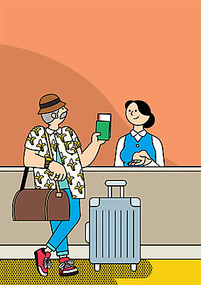 전신 PSD 여자 노년 남자 해외여행 여행 일러스트 상반신 성인 두명 실버라이프 캐리어 공항 항공권 직원 여권 국내일러스트 해외 라이프스타일 교통시설 사람 여행가방 티켓 파일형식