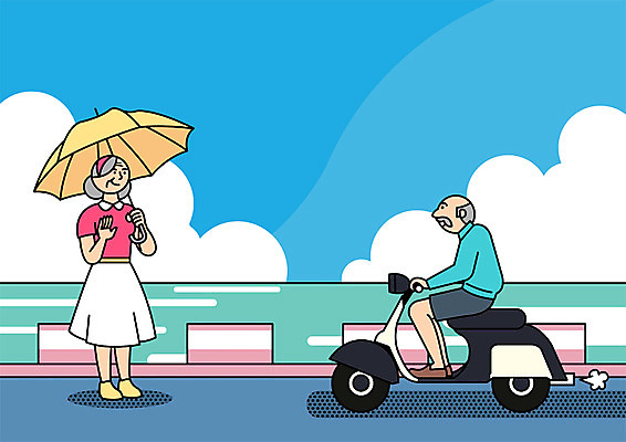 전신 PSD 여자 할아버지 노년 남자 할머니 일러스트 해변 두명 실버라이프 스쿠터 양산 해안도로 국내일러스트 라이프스타일 도로 바다 사람 성인 오토바이 파일형식