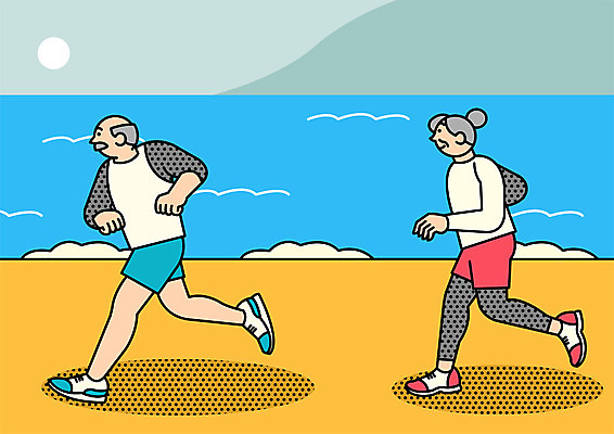 전신 PSD 여자 할아버지 노년 남자 할머니 일러스트 해변 두명 실버라이프 달리기 조깅 운동 국내일러스트 라이프스타일 바다 모션 건강 사람 성인 파일형식