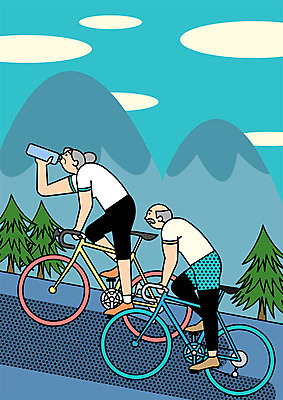 전신 PSD 여자 할아버지 노년 남자 할머니 일러스트 두명 실버라이프 자전거 하이킹 물통 사이클링 국내일러스트 라이프스타일 레저 사람 성인 바이크 육상스포츠 파일형식