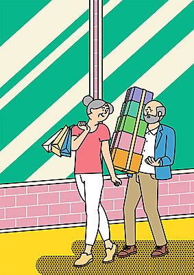 전신 PSD 여자 할아버지 노년 남자 할머니 일러스트 선물 서기 들기 두명 선물상자 실버라이프 쇼핑 쇼핑백 국내일러스트 라이프스타일 가방 모션 사람 성인 상자 파일형식