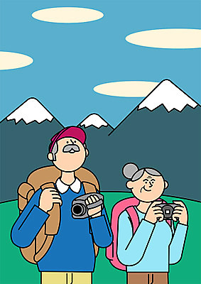 PSD 여자 할아버지 노년 남자 할머니 여행 일러스트 산 상반신 두명 실버라이프 카메라 촬영 백팩 비디오카메라 국내일러스트 라이프스타일 가방 사람 성인 전자제품 파일형식