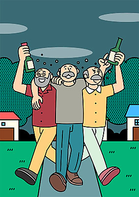 전신 PSD 나무 할아버지 노년 남자 일러스트 어깨동무 술병 주택 들기 세명 친구 실버라이프 만취 즐거움 국내일러스트 식물 라이프스타일 감정 포즈 관계 모션 병_용기 주류 사람 성인 건물 술취함 파일형식