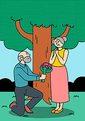 전신 PSD 나무 여자 할아버지 노년 남자 할머니 꽃다발 프로포즈 일러스트 두명 실버라이프 국내일러스트 식물 라이프스타일 꽃 사람 성인 파일형식