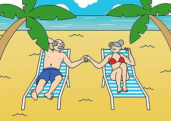 전신 PSD 여자 할아버지 노년 남자 수영복 할머니 일러스트 해변 두명 실버라이프 야자수 선탠 선베드 국내일러스트 나무 라이프스타일 옷 바다 의자 사람 성인 파일형식