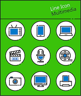 아이콘 사람없음 노트북 스마트폰 세트 카메라 모니터 텔레비전 인쇄기 클래퍼보드 필름 라인아이콘 마이크 멀티미디어 2D아이콘 AI파일 음향기기 전자제품 핸드폰 스마트기기 컴퓨터 파일형식 벡터