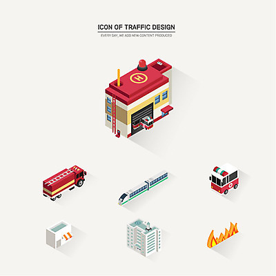 아이콘 빌딩 사람없음 세트 전철 구급차 입체 화재 소방차 아이소메트릭 소방서 2D아이콘 AI파일 육상교통 자동차 대중교통 건물 소방 사건 파일형식 벡터