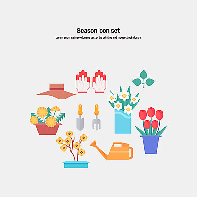 아이콘 꽃 화분 사람없음 세트 물뿌리개 모종삽 플랫아이콘 목장갑 2D아이콘 AI파일 식물 장갑 삽 파일형식 벡터