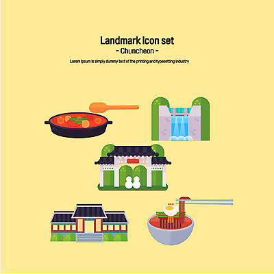 아이콘 한국 사람없음 세트 플랫아이콘 춘천 남이섬 닭갈비 랜드마크 막국수 소양강댐 청평사 2D아이콘 AI파일 아시아 섬 닭고기 사찰 댐 국수 강원도 닭고기요리 파일형식 벡터
