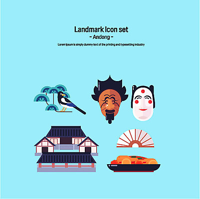 아이콘 한국 사람없음 세트 부채 플랫아이콘 까치 하회탈 각시탈 도산서원 안동 안동찜닭 2D아이콘 AI파일 아시아 조류 경상북도 탈 서원 찜닭 파일형식 벡터