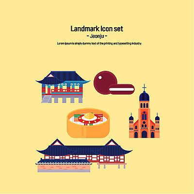 아이콘 한국 사람없음 세트 성당 플랫아이콘 랜드마크 전주 전주비빔밥 초코파이 전주한옥마을 2D아이콘 AI파일 아시아 종교건축 디저트 전라북도 비빔밥 한옥마을 파일형식 벡터