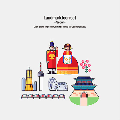 아이콘 여자 남자 서울 한국 세트 숭례문 플랫아이콘 남산 63빌딩 궁중의상 해태 2D아이콘 AI파일 아시아 사람 빌딩 전통의상 랜드마크 파일형식 벡터