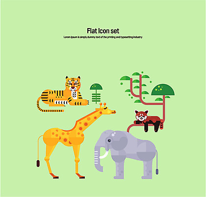 나무 동물 아이콘 여러마리 코끼리 동물원 사람없음 세트 호랑이 기린 플랫아이콘 레서판다 2D아이콘 AI파일 식물 다수 포유류 파일형식 벡터