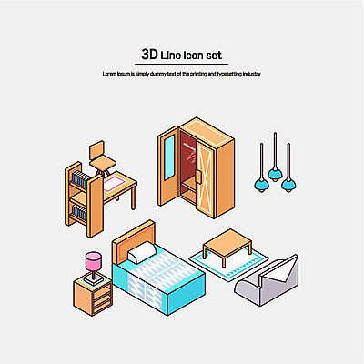 아이콘 탁자 전등 책장 사람없음 세트 소파 침대 스탠드 라인아이콘 책상 입체 아이소메트릭 옷장놀이 2D아이콘 AI파일 가구 의자 놀이 조명 파일형식 벡터