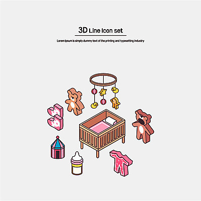 아이콘 양말 사람없음 세트 곰인형 젖병 라인아이콘 입체 유아복 모빌 아이소메트릭 아기침대 2D아이콘 AI파일 옷 인형 아기용품 침대 파일형식 벡터