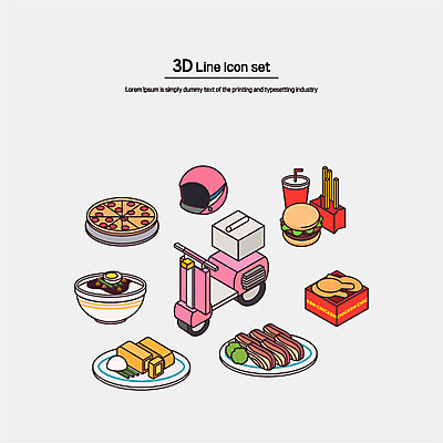 아이콘 피자 사람없음 세트 치킨 오토바이 감자튀김 햄버거 돈가스 짜장면 헬멧 라인아이콘 입체 단무지 콜라 아이소메트릭 2D아이콘 AI파일 감자 패스트푸드 서양음식 중식 바이크 튀김 커틀릿 보호장비 탄산음료 닭고기요리 파일형식 벡터
