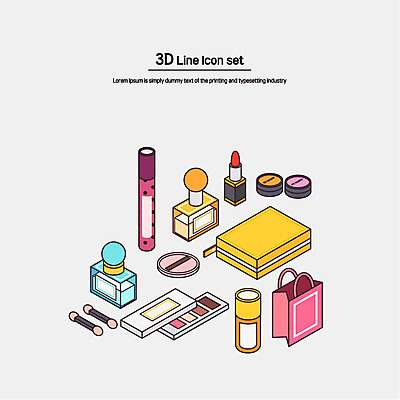 아이콘 사람없음 세트 립스틱 라인아이콘 향수 입체 마스카라 퍼프 아이섀도 아이소메트릭 스킨로션 파우치 2D아이콘 AI파일 가방 화장품 파일형식 벡터