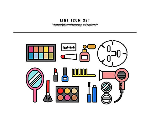아이콘 사람없음 세트 뷰티 립스틱 드라이어 라인아이콘 마스카라 매니큐어 손거울 아이섀도 마스크팩 메이크업브러쉬 볼드라인 2D아이콘 AI파일 화장품 거울 붓 미용용품 팩 파일형식 벡터
