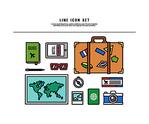 아이콘 여행 세계지도 사람없음 세트 카메라 여행가방 가이드북 항공권 라인아이콘 여권 볼드라인 2D아이콘 AI파일 지도 가방 전자제품 세계 티켓 파일형식 벡터