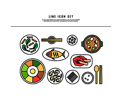 아이콘 젓가락 밥 김치 사람없음 세트 숟가락 김 된장찌개 라인아이콘 비빔밥 생선구이 장조림 콩자반 볼드라인 2D아이콘 AI파일 한식 음식 수저 해조류 찌개 구이 생선요리 조림 파일형식 벡터