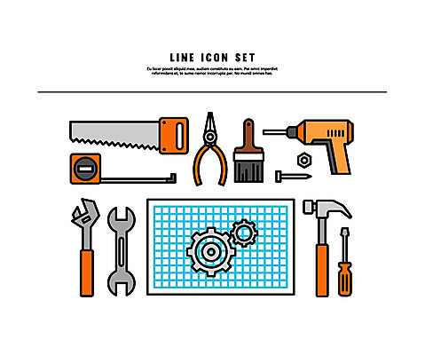 아이콘 줄자 사람없음 세트 설계도 스패너 못 망치 드릴 라인아이콘 톱니바퀴 톱 펜치 볼드라인 2D아이콘 AI파일 드라이버채 골프 건설업 자 공구 파일형식 벡터